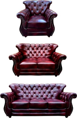 Casa Padrino Luxus Chesterfield Echtleder Wohnzimmer Set Bordeauxrot/Braun/Silber - 2 Leder Sofas & 1 Leder Sessel - Chesterfield Möbel - Wohnzimmer Möbel