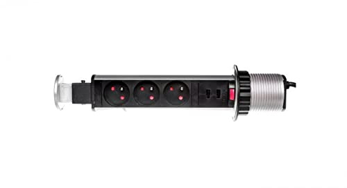 Möbelsteckdose fi6cm, 3x250V AC ausziehbar mit Tischplatte mit USB-Ladegerät, Verriegelung und 1,8m Kabel Silber OR-AE-1349 Orno Polen 5901752487598