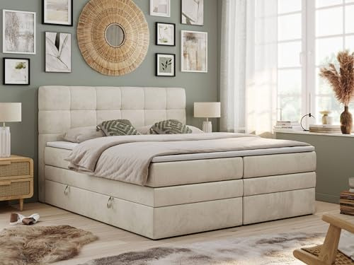 MKS MEBLE King Boxspringbett 140x200 cm, Polsterbett mit 2 Bettkästen, Bett mit Multipocket-Matratze H3, inkl. Topper T25, Kopfteil - Luka - Beige Velvet