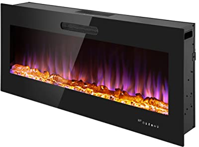 Prominence Home LED Slim Design Electric Fireplace Insert and Wall Mounted Fireplace with 1500 Watt Heater, Log & Crystal Ember Options, Adjustable Realistic Flame and Remote Control, (50 Inch)