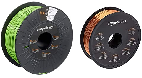 Amazon Basics 3D-Drucker-Filament aus PLA-Kunststoff, 1,75 mm, Knallgrün, 1-kg-Spule & 3D-Drucker-Filament aus SILK-PLA-Kunststoff, 1,75 mm, 1-kg-Spule, kupferfarben