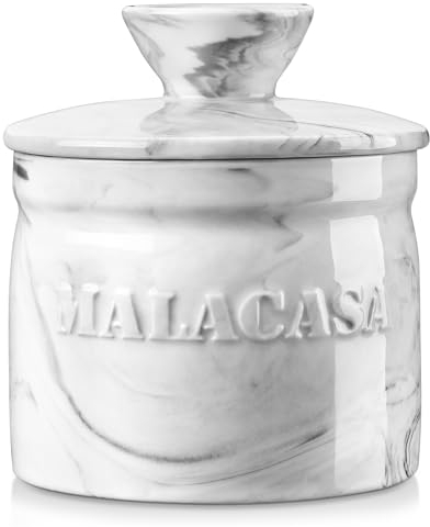 MALACASA Beurrier Français avec Couvercle, Beurrier en Céramique avec Ligne d'Eau, Récipient à Beurre pour Beurre Frais à Tartiner, série REG, Marbre Gris