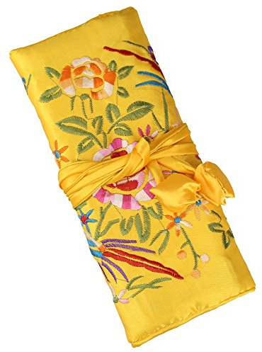 Lidwot Yellow Multi-Use Silk Jewelry Organizer Roll – Vintage Embroidery Case for Travel/Daily/Events Foldable Zippered Pouch for Rings & Necklaces | Luxury Compact Gift.