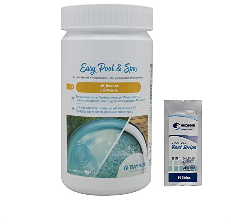 BAYROL Mini Pool & Spa pH-Moins Granulés - 1,5kg | Correcteur de pH Solide - Baisse Le pH pour Petites Piscines, Piscines Hors-Sol et Spas Gonflables + 10 Tests HPS OFFERTS 6 en 1