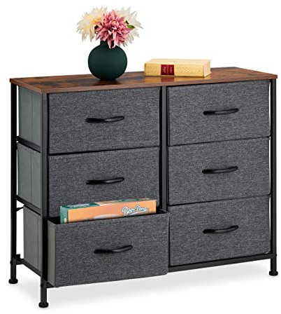 Relaxdays Kommode, HBT: 63x80x30 cm, Metall, Holzoptik, 6 Stoff-Schubladen, Ablage, Moderne Beistellkommode, Mehrfarbig