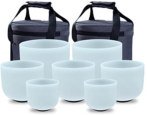 Lot de 7 bols chantants en cristal de 20,3 à 35,6 cm – Blanc naturel, ensembles de chakras de bol sonore avec for la méditation de yoga et la guérison par le son, cristal pur à 99,99% naturel (Color