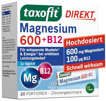 Taxofit Magnesium 600 + B12 Direkt Granulat 20 Stück (20 piece) | Mit 600 mg Magnesiumoxid & B12, verringert Müdigkeit, plus B1 für die Herzfunktion, Direktgranulat, vegan, laborgeprüft