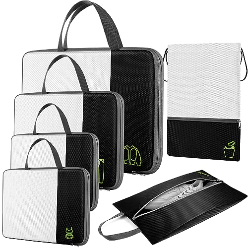 SIMBOOM Koffer Organizer 6 Set Packing Cubes mit Kompression, Packwürfel für Rucksack und Koffer, Kofferorganizer Packtaschen Reise Kleidertaschen für Kleidung Schuhe Unterwäsche - Weiß & Schwarz