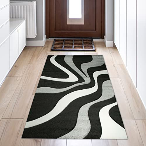 Teppich-Traum Designer Wohnzimmer Teppich mit Wellenmuster | pflegeleicht | schwarz grau & weiß, 80 x 150 cm