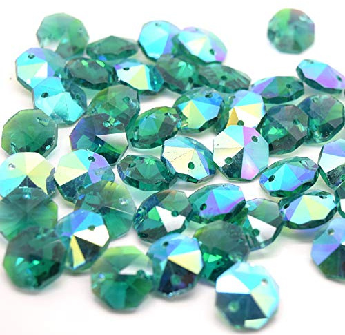 Octagon Glass Faceted AB Beads for Suncatcher Chandelier or Jewellery Making (Emerald AB 14MM (ONE Hole) 50PCS)