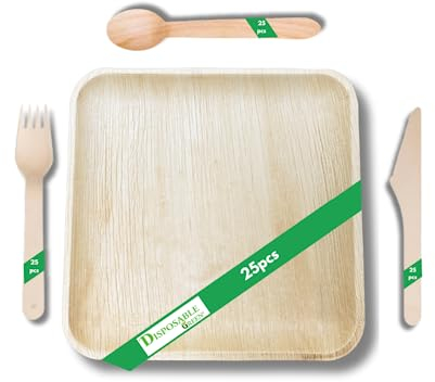 DISPOSABLE GREEN 100pcs Palm Leaf Plates and Wooden Cutlery Set, 25x Large Square Plates, 25x Forks, 25x Knives, 25x Spoons, Eco Friendly Biodegradable, Wedding Party Wooden (200 pcs (50pcs Each))