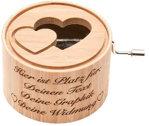 Spieluhr aus Bambus mit der Melodie: Ave Maria von Franz Schubert - music box von Kurbelwerk green-line, Love-Edition mit Doppelherz, gerahmt, mit GRAVUR