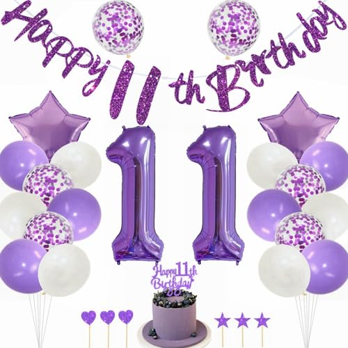 Kiwochy Lila 11 Geburtstag Deko Mädchen 11 Geburtstag Dekoration Lila Tortendeko Geburtstagsdeko 11 jahre Luftballons Nummer 11 Folienballon 11. Geburtstag Party Deko 11 jahre Geburtstag Deko Ballon