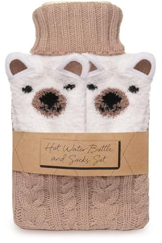 A2Z Hot Water Bottle 1 litre Capacity Brown Cable Knitted Cover and Cosy Socks Gift Set Leak Proof Hot Water Bag for Pain Relief Cosy Nights & Relaxation