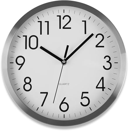 TIENDA EURASIA – Reloj de Pared, Redondo, Aluminio, Blanco y Plateado, Distintos Tamaños, Silencioso, Pantalla Analógica, Funciona con Baterías, para la Cocina, Salón o Comedor (20 cm)