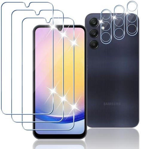 Tomooo Verre Trempé pour Samsung Galaxy A25 4G/5G, Contenir 3 Protection écran et 3 Caméra Protecteur, HD Transparent, Sans Bulles, Dureté 9H Glass, Ultra Résistant Film vitre Protection écran