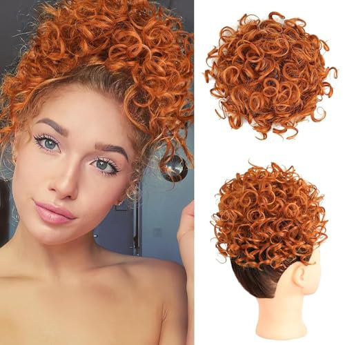 PORSMEER Hair Extensions Haarteil Dutt Haar Bun Kordelzug Kurz Locken Welle Pferdeschwanz Haarteil Kunsthaar wie Echthaar Updo Haarverlängerung zopf für Frauen (Orange-Rot)