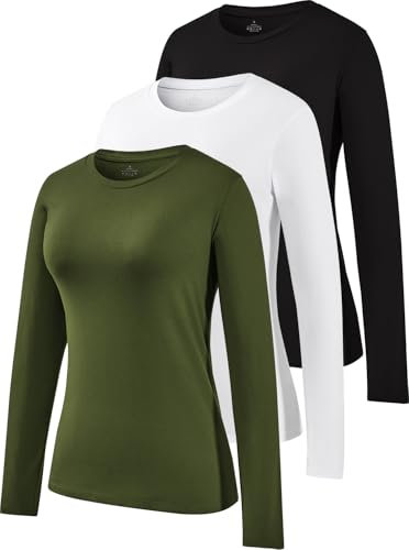 Star Vibe 3 Pack Crew Neck Long Sleeve Top Long Sleeve Tops Women Ladies Running Tops Black/White/Army Green L