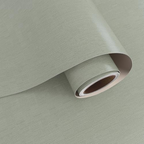 VaryPaper Sage Green Faux Grasscloth Wallpaper Self Adhesive Textured Fabric Contact Paper 40cmx200cm Sticky Back Plastic Furniture Wrap Sticky Wallpaper for Living Room Bedroom Cupboard Vinyl Wrap