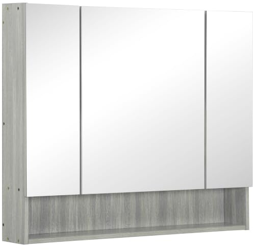 kleankin Badezimmerspiegelschrank 3-türig Medizinschrank offen Regal Grau | Verstellbare Regale, Wandmontierter Badezimmerspiegel mit Aufbewahrung, Soft-Close-Scharniere, große Kapazität