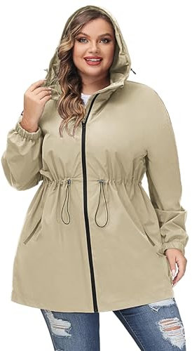 Hanna Nikole Manteau de pluie à capuche pour femme, grande taille, imperméable, coupe-vent, kaki, 52 Grande taille