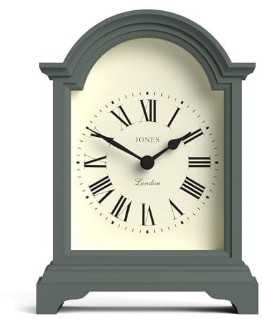 JONES CLOCKS® Bistro Kaminuhr | Klassisches Design Einer Kutschenuhr mit gebogenem Bogen | Grün | Zeitloser klassischer Stil für Kamin Schreibtisch Tisch Regal und Nachttisch