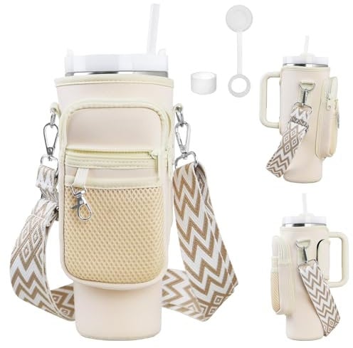 Zouboto Stanley Cup Sac porte-bouteille d'eau pour Stanley Tumbler 100 ml avec compartiment pour téléphone portable et bandoulière réglable, convient pour la randonnée, la course, le cyclisme, beige,