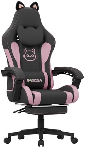 bigzzia Gaming Stuhl mit Massagefunktion und Fußstütze– Ergonomischer Gaming Chair für Mädchen & Erwachsene, Gamer Stuhl Kopf- & Lendenwirbelstütze mit Katzenohren (Schwarz-Rosa)