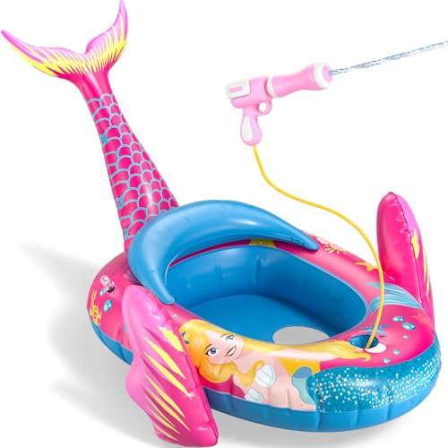 Sunrad Mermaid Kids Pool Floats with Water Gun,Toddler Pool Float Inflatable Ride-on Swimming Pool Toy for Girls Aged 3-8 Years,Summer Outdoor Water Pool Games Toys for Girls