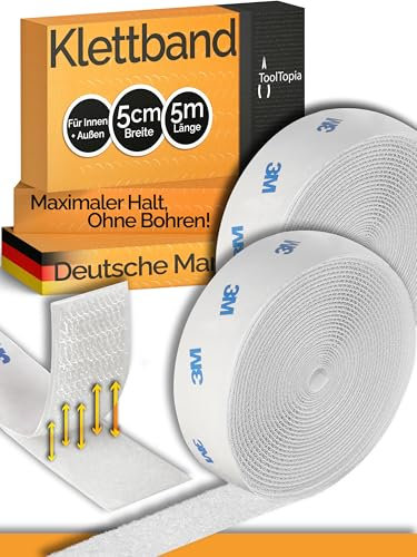 Bande Velcro autocollante extra forte pour l'extérieur et l'intérieur 50 mm x 5 m Blanc (colle de marque 3M), Velcro I Ruban adhésif pour bricolage, bricolage, maison, couture, etc. Qualité artisanale