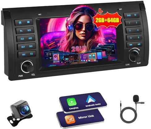 Inefala Radio Coche Bluetooth para BMW 5 Series E39 1996-2003/X5 E53 2000-2007/M5 1996-2003, 2G+64G, Wireless Carplay & Android Auto, 7 Touchscreen, GPS/WiFi/USB/RDS/FM Cámara Trasera Mic
