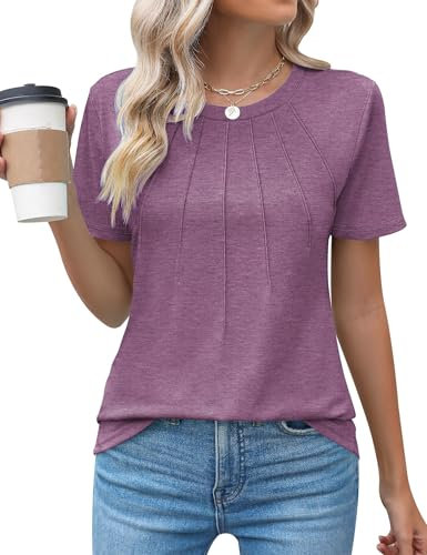 Zeagoo Camisetas Manga Corta Mujer Verano Cuello Redondo Pliegue Blusas Elegante Verano Camisa Informales Basica Top Fucsia L