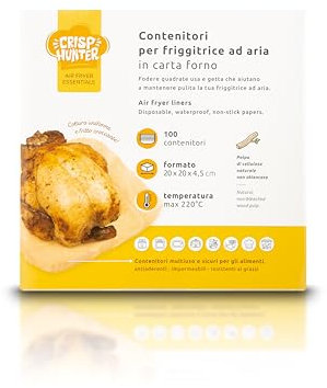 CrispHunter Carta Forno per Friggitrice ad Aria 100 Pezzi - Contenitori Quadrati 20x20x4.5 cm, Antiaderente Usa e Getta, Carta Pergamena Ideale per Cottura Senza Sporcare (Vaschetta)