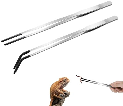 Toumett 2 Pcs Reptile Feeding Tongs,Aquarium Tweezers,10.6 Extra Long Stainless Steel Feeder Tweezers with Rubber Tips,Straight and Curved Tweezer,Terrarium Feeder Tools Accessories,Lizards Feeders