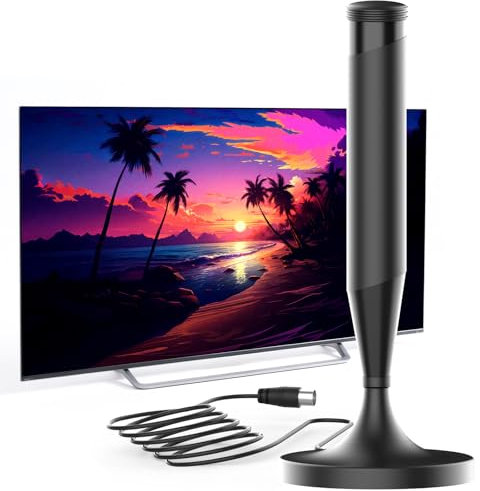 Antena TV Interior – Antena Digital para Televisión HD/4K, Recepción de Larga Distancia 360°, Compatible con Smart TV y DVB-T/T2, Base Estable, Fácil Instalación, Cable Coaxial 5 m