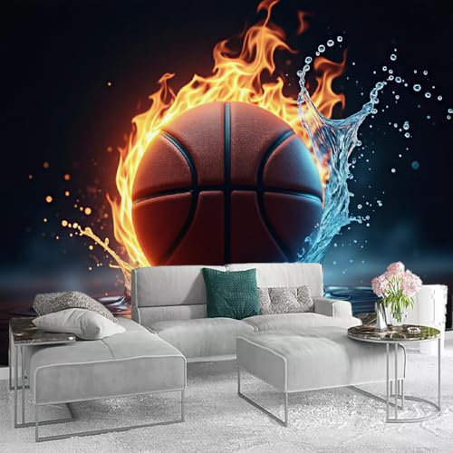 LUPAXA 3D Wallpaper Mural Basketball 274x203cm，Water and Fire Basketball Photo Wallpaper Silk Cloth Wall Art for TV Background Bedroom Office