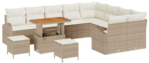 vidaXL 12-teiliges Garten-Sofaset mit Kissen in Beige – Poly-Rattan, Akazienholz – Gartenmöbel für Patio, Balkon, Lounge, Terrasse – Modulare Sitzgelegenheiten für entspannte Sommertage