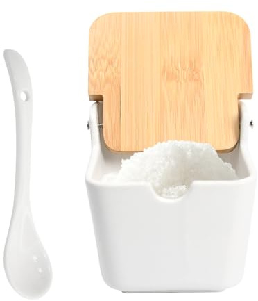 Godneei Ceramic Sugar Bowl with Lid and Spoon – 250ml Salt or Spice Jar, White Salt Container with Lid for Kitchen, 9 x 9.5 x 9.5 cm