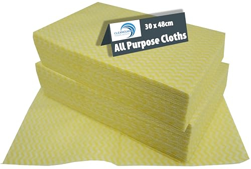 Sanisafe Disposable Cleaning Cloths - All Purpose, Strong & Absorbent Reusable Wipes - Kitchen, Household, Catering Surface Towels - Non Woven Multi Surface Use (Yellow Wavyline (100 Pack))