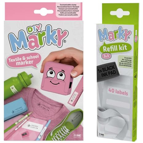 MARKY Stempel Set in Rosa, mit schwarzer Tinte zum Beschriften verschiedener Gegenstände und Kleidung, inkl. 3in1 Nachfüllset mit Stempelkissen, 40 Etiketten und 1 m Thermoband