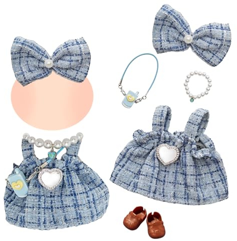 17cm Puppenkleidung Blau Puppenbekleidung Accessoire Set mit Slip Kleid Haarspange Braune Schuhe Halskette Accessoires für Mädchen Kinder Geschenke, Ohne Puppe