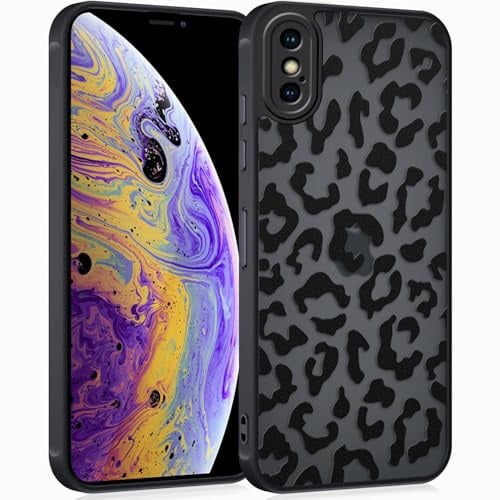 Coqinen Handyhülle für iPhone X/iPhone XS Hülle, Matt Transluzente Case mit Stilvolle Leopard Muster, Silikon Aesthetic Schutzhülle mit Kratzfeste PC Rückseite + Stoßfest TPU Bumper - Schwarz