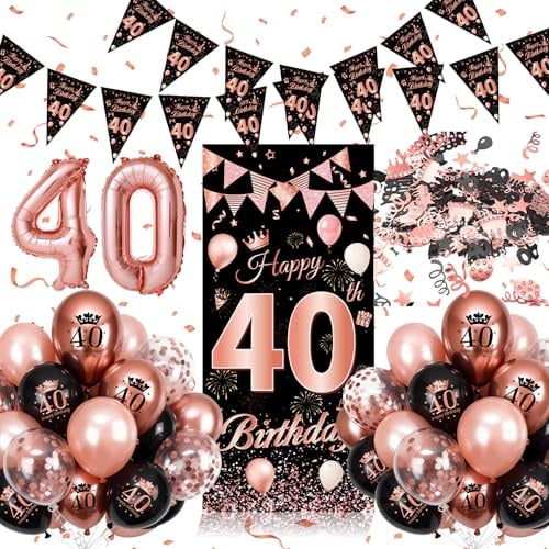 40 Geburtstag Deko Frauen, Deko 40 Geburtstag, 40. Geburtstag Luftballons Frauen Schwarz Rosegold mit 40 Langem Banner, Konfetti, Folienballons, Luftballons Dekorationen zum 40. Geburtstagsparty