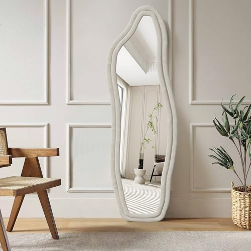 Wavy Miroir Mural Moderne 160x50 cm, Grand Miroir sur Pied avec Cadre et Structure Peut être Suspendu, fixé au Mur, Miroir Intégral irrégulier pour Salon, Chambre à Coucher, entrée (Blanc, 160x50)