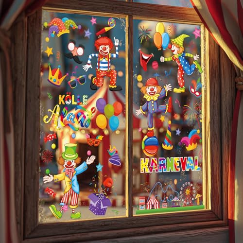 WAONIQ 9 Sheets Karneval Fensterbilder,Fasching Fenster Deko Karneval,Selbstklebende Clown-Fensteraufkleber,geeignet für fasching Kinderzimmer und Party Deko(20×30cm)
