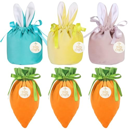 YUE QIN 6 Stück Ostertüten zum Befüllen Osterbeutel Samt Kaninchen Karotte | Oster Tüten mit Hangtag und Goldfaden Oster Geschenktüten für Geschenkverpackung Ostern Deko Ostereier zum Befüllen