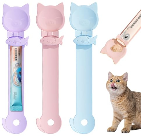 Amexo 3Pcs Comedero de Tiras para Gatos, Multifuncional Cuchara para Apretar para Gatos Cuchara de Comida Húmeda para Gato, Exprimidor de Barra para Gato para Exprimir Purés y Aperitivos