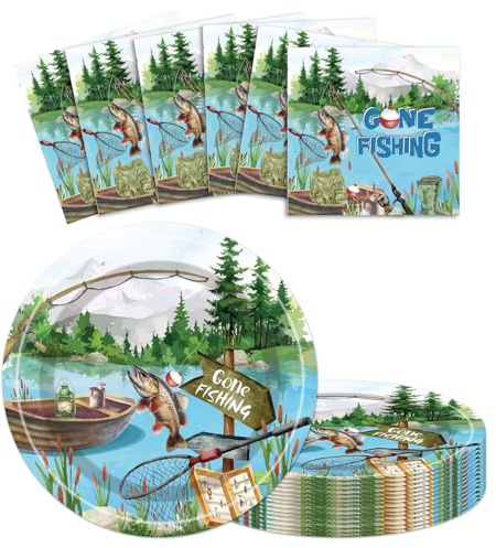 Gone Fishing Party Plates and Napkins Set for 25 Guests, Disposable Paper Dinner Plates with Matching Napkins, Fishing Themed Tableware for Birthday Parties, Outdoor Gatherings and Lake Celebrations