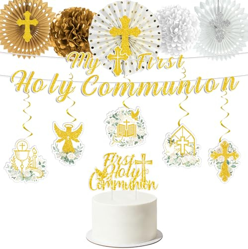 Rakuto First Communion Party Decorations, 13PCS Primera Comunion Decoracion Set with Banners Hanging Swirls Paper Fans Decoration, First Holy Baptism Cake Toppers and Paper Pom Poms Decor Supplies
