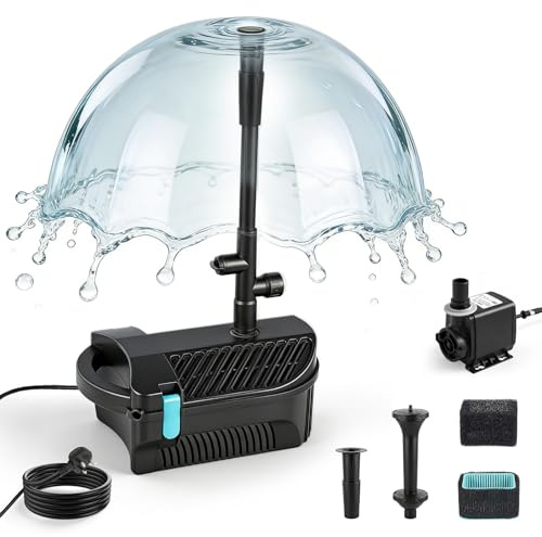 wowspeed Teichpumpe mit Filter und Springbrunnen Set, 45W 2500L/H Teichpumpe für Außen mit 3-in-1 Düsen, Wasserpumpe 2,5m Förderhöhe Springbrunnenpumpe mit Filter, Gartenbrunnen für Außen Gartenteich